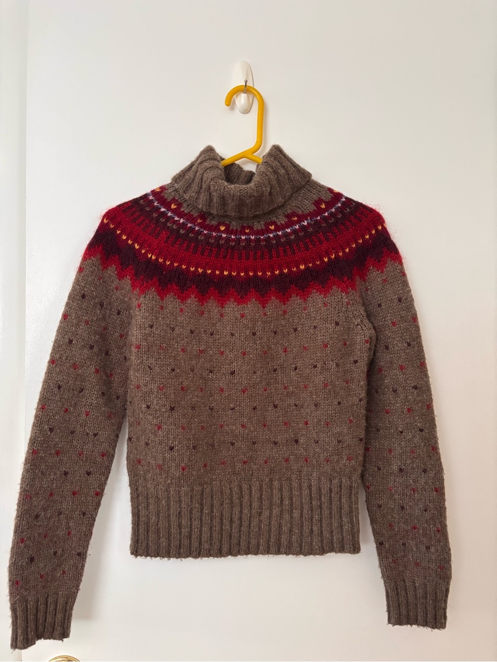 Womens Brown Turtleneck Fair Isle Sweater with Red Yoke
